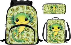 Axolotl Backpack for Girls Preschool Lightweight Bookbag with Lunch Box and Pencil Case 3PCS School Back Pack Set for Little Boys Picnic Travel or Hiking Casual Daypack