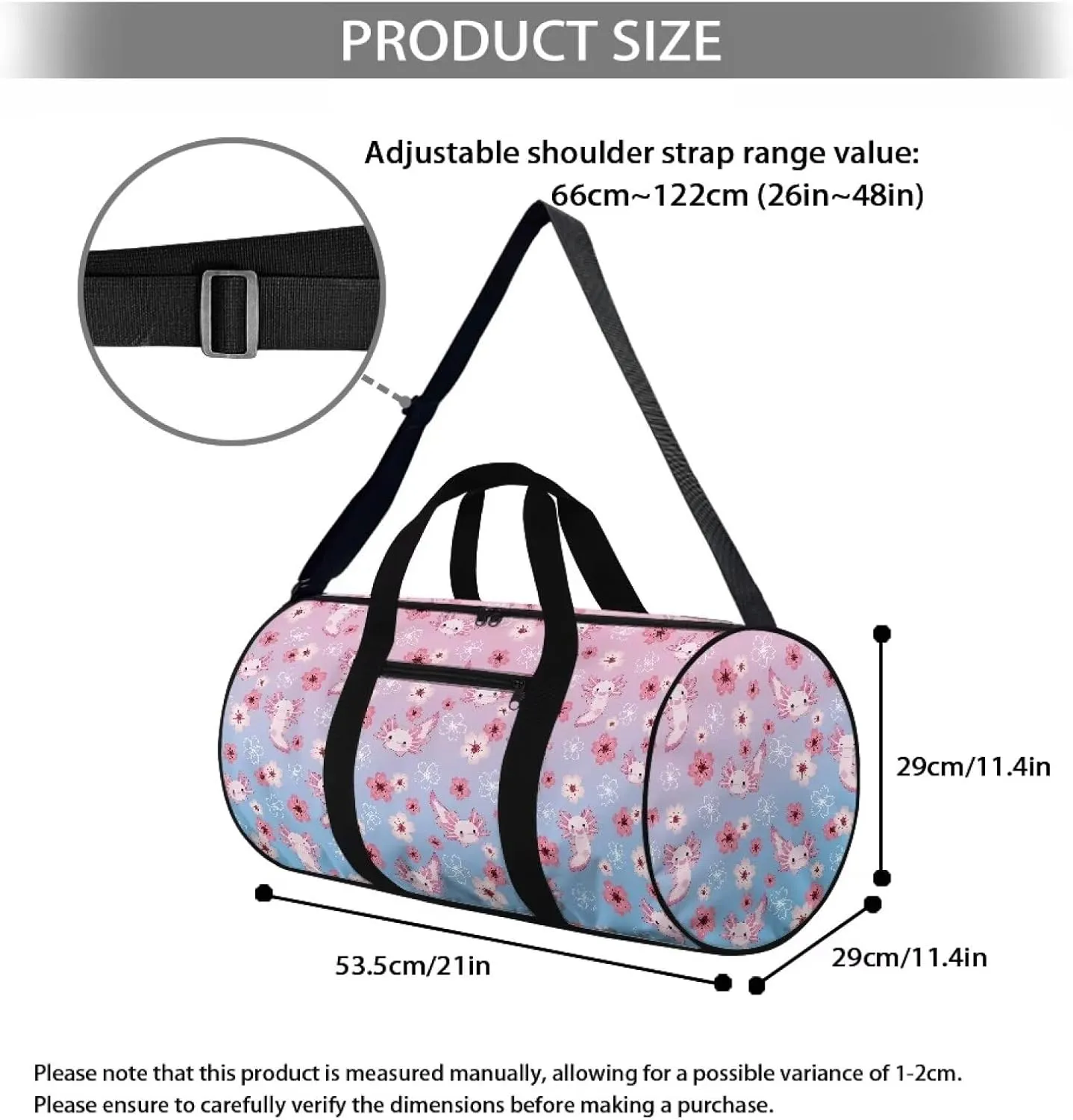 Axolotl Cherry Blossom Duffel Bag 20-24-28 Inches Foldable Gym Bag for Women Duffle Bags Lightweight with Inner Pocket for Travel Sports