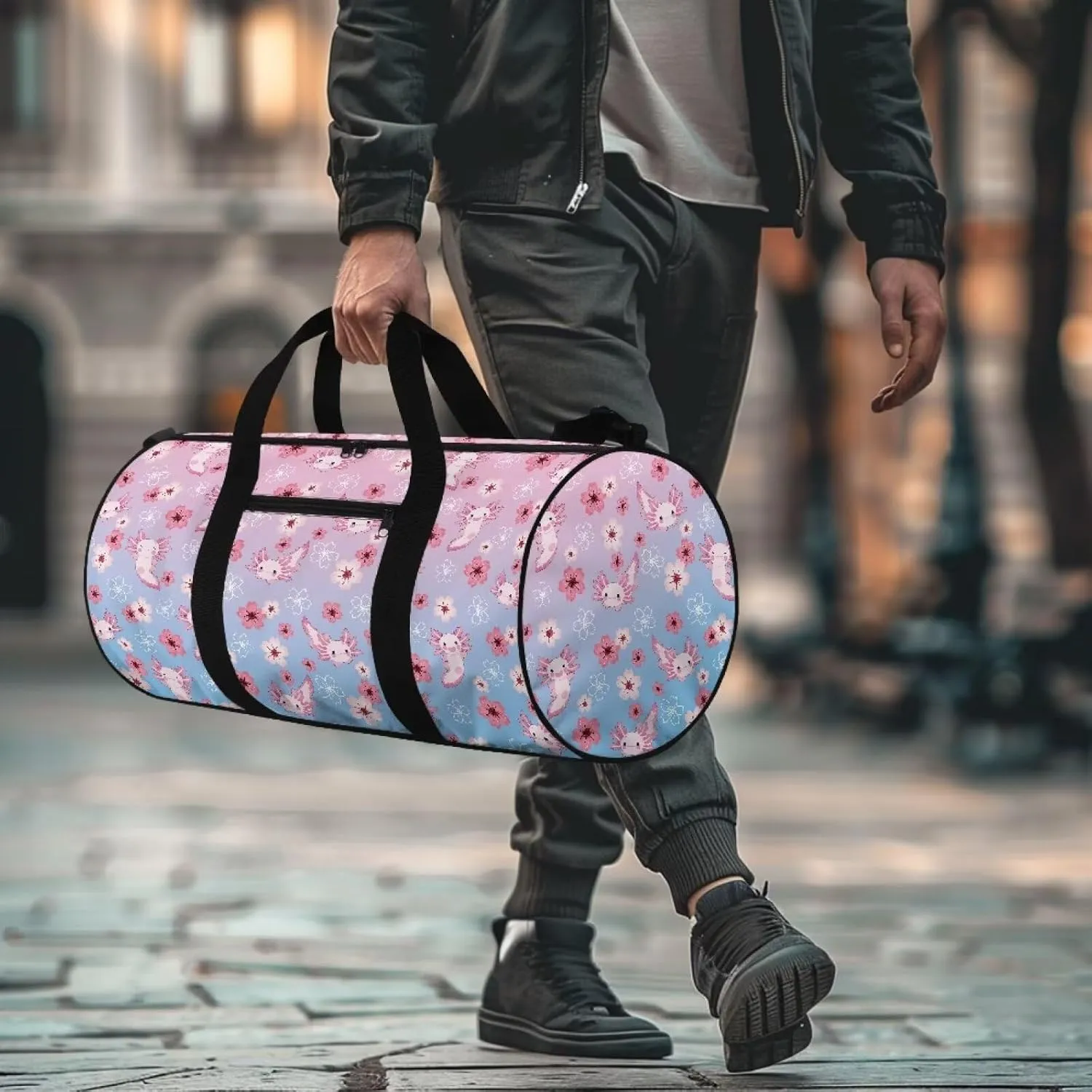 Axolotl Cherry Blossom Duffel Bag 20-24-28 Inches Foldable Gym Bag for Women Duffle Bags Lightweight with Inner Pocket for Travel Sports