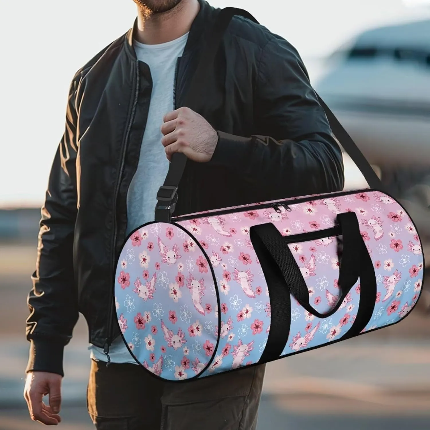 Axolotl Cherry Blossom Duffel Bag 20-24-28 Inches Foldable Gym Bag for Women Duffle Bags Lightweight with Inner Pocket for Travel Sports