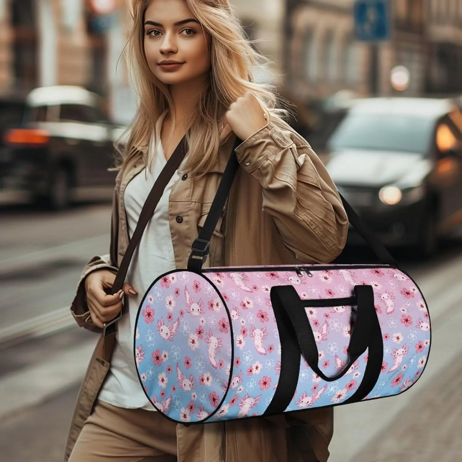 Axolotl Cherry Blossom Duffel Bag 20-24-28 Inches Foldable Gym Bag for Women Duffle Bags Lightweight with Inner Pocket for Travel Sports