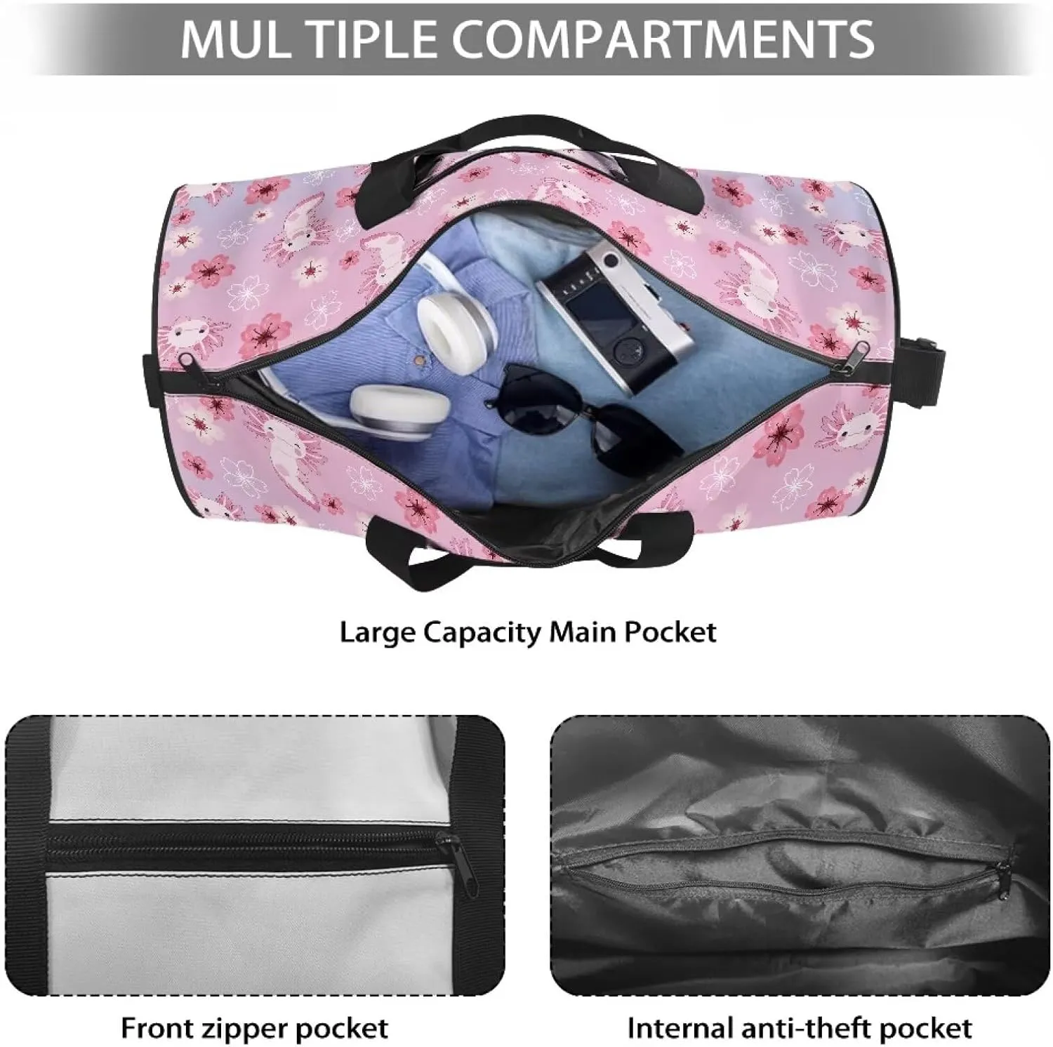 Axolotl Cherry Blossom Duffel Bag 20-24-28 Inches Foldable Gym Bag for Women Duffle Bags Lightweight with Inner Pocket for Travel Sports
