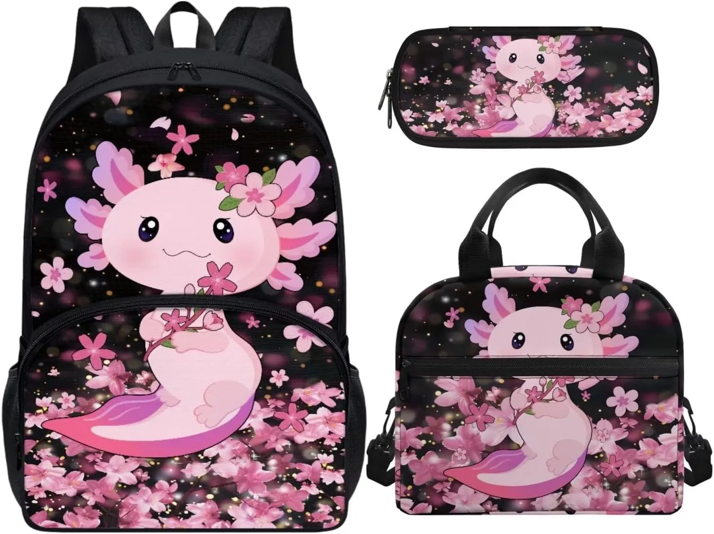 Axolotl School Backpack with Lunch Bag for Girls Cute 3 Piece School Bag Set 6-8 Girls Large Bookbags Cherry Blossom Student Hiking Shoulder Bag for Kindergartens