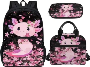 Axolotl School Backpack with Lunch Bag for Girls Cute 3 Piece School Bag Set 6-8 Girls Large Bookbags Cherry Blossom Student Hiking Shoulder Bag for Kindergartens