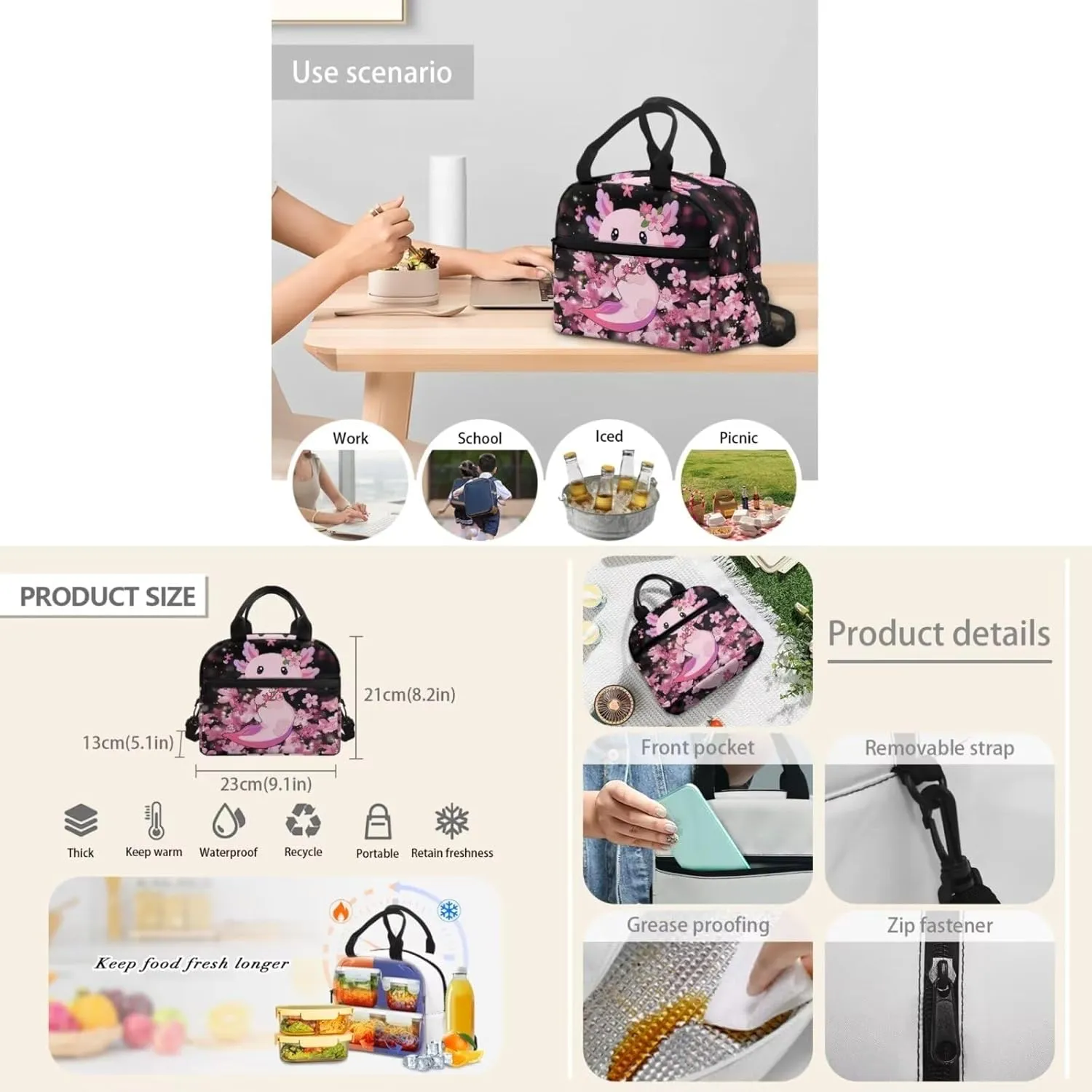 Axolotl School Backpack with Lunch Bag for Girls Cute 3 Piece School Bag Set 6-8 Girls Large Bookbags Cherry Blossom Student Hiking Shoulder Bag for Kindergartens