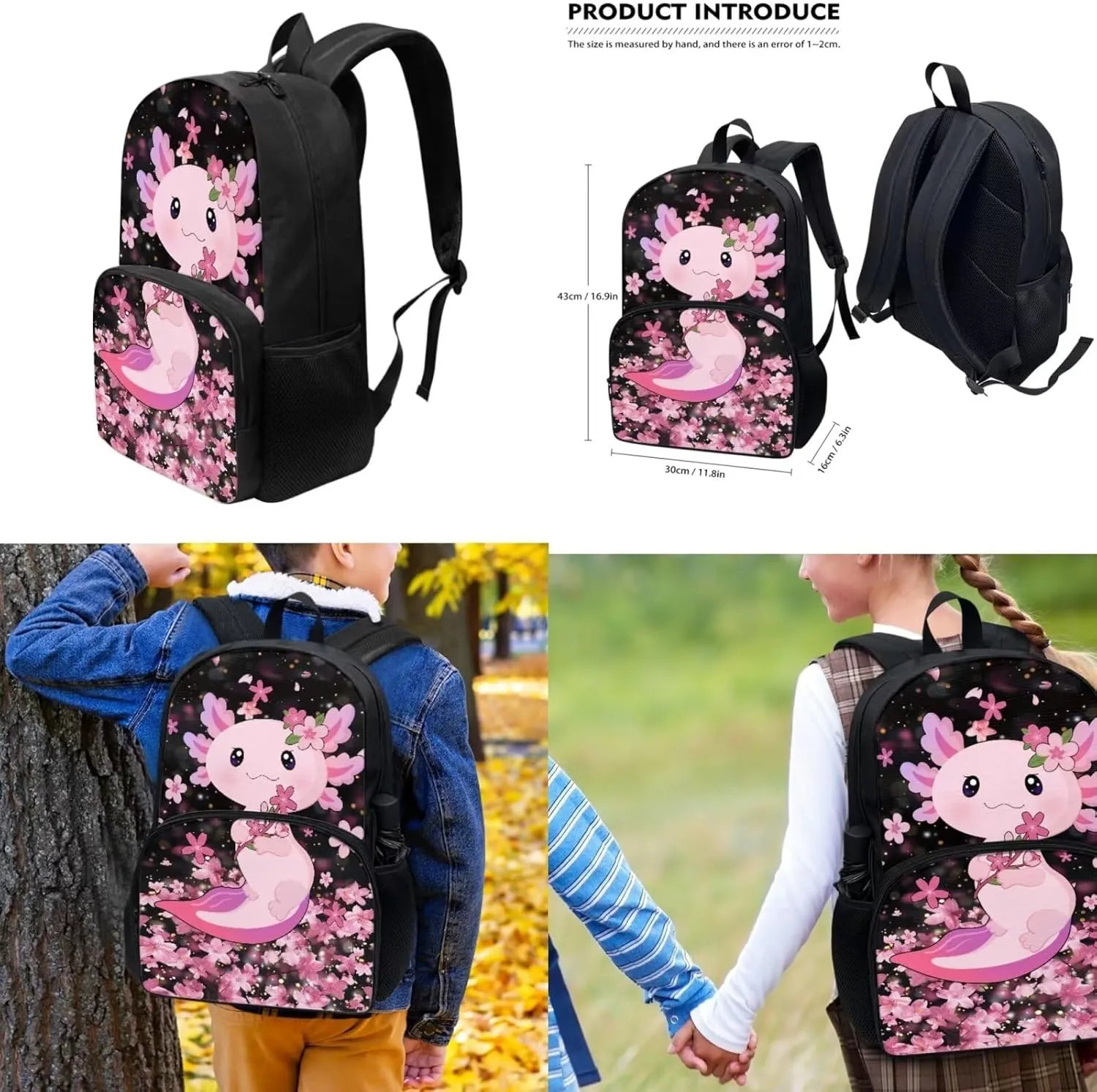 Axolotl School Backpack with Lunch Bag for Girls Cute 3 Piece School Bag Set 6-8 Girls Large Bookbags Cherry Blossom Student Hiking Shoulder Bag for Kindergartens