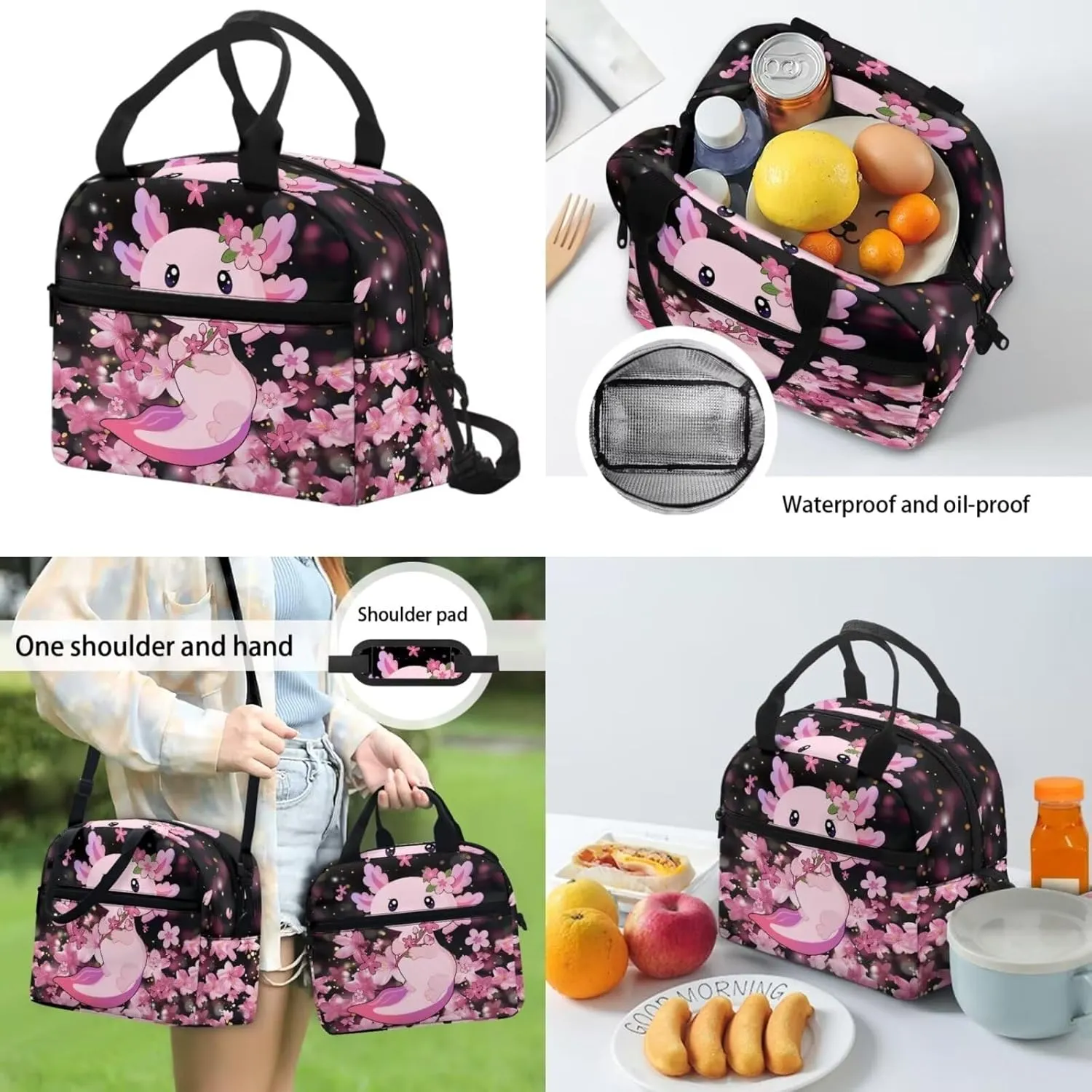 Axolotl School Backpack with Lunch Bag for Girls Cute 3 Piece School Bag Set 6-8 Girls Large Bookbags Cherry Blossom Student Hiking Shoulder Bag for Kindergartens