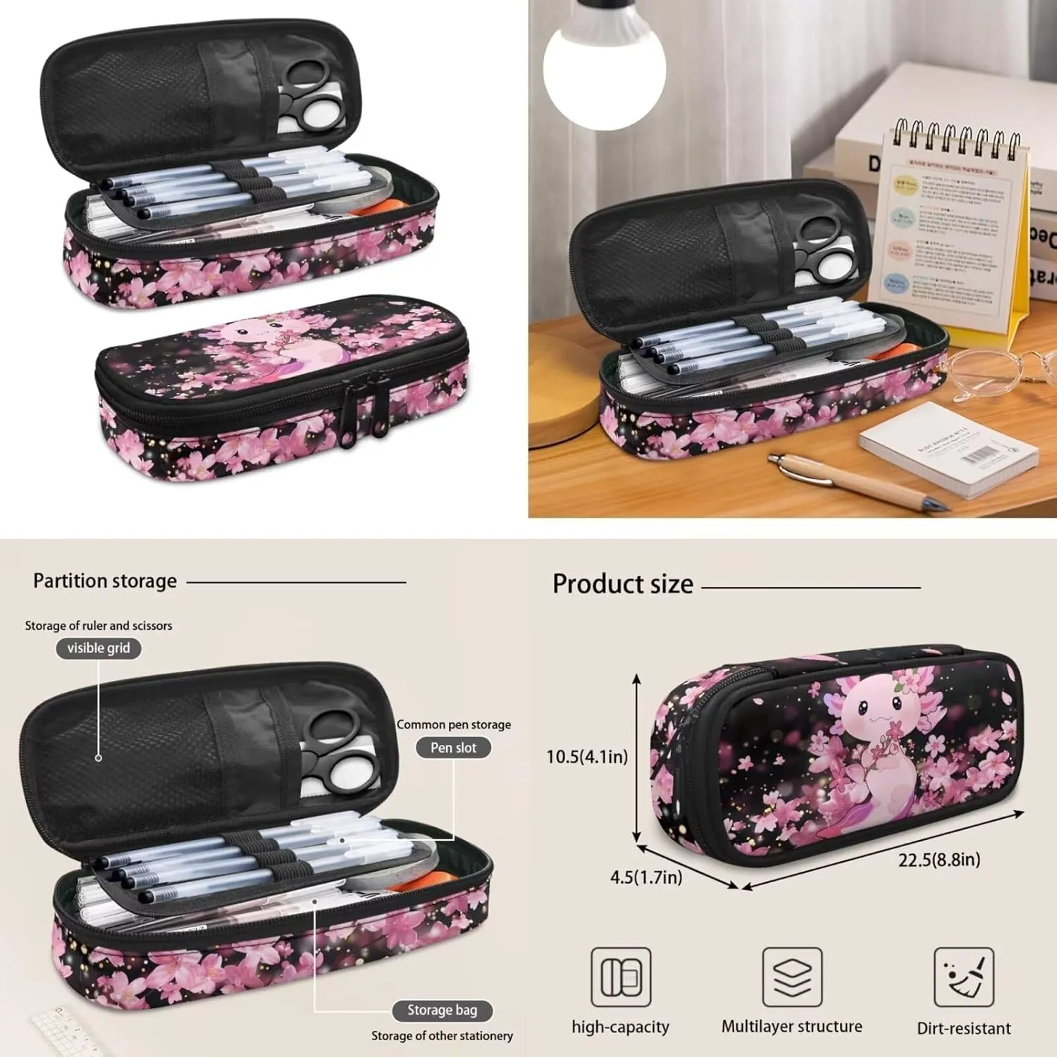 Axolotl School Backpack with Lunch Bag for Girls Cute 3 Piece School Bag Set 6-8 Girls Large Bookbags Cherry Blossom Student Hiking Shoulder Bag for Kindergartens