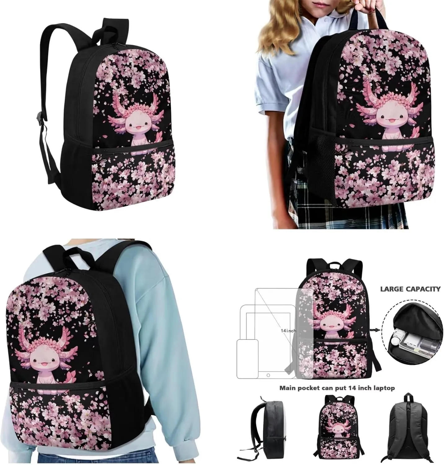 Axolotl School Bags for Boys 7-10 Big Capacity Bookbag for Girls Kids Travel Backpack with Lunch Bag Insulated and Zipper Pencil Case, 3 Piece Set