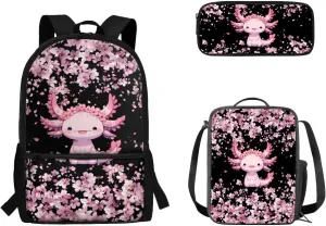 Axolotl School Bags for Boys 7-10 Big Capacity Bookbag for Girls Kids Travel Backpack with Lunch Bag Insulated and Zipper Pencil Case, 3 Piece Set