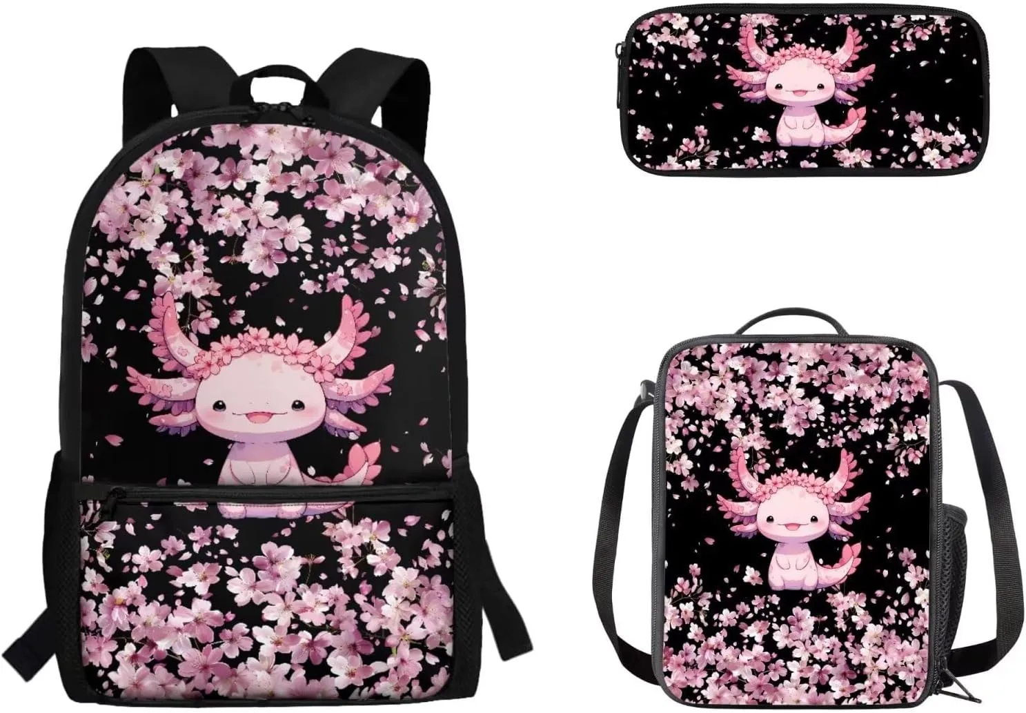 Axolotl School Bags for Boys 7-10 Big Capacity Bookbag for Girls Kids Travel Backpack with Lunch Bag Insulated and Zipper Pencil Case, 3 Piece Set