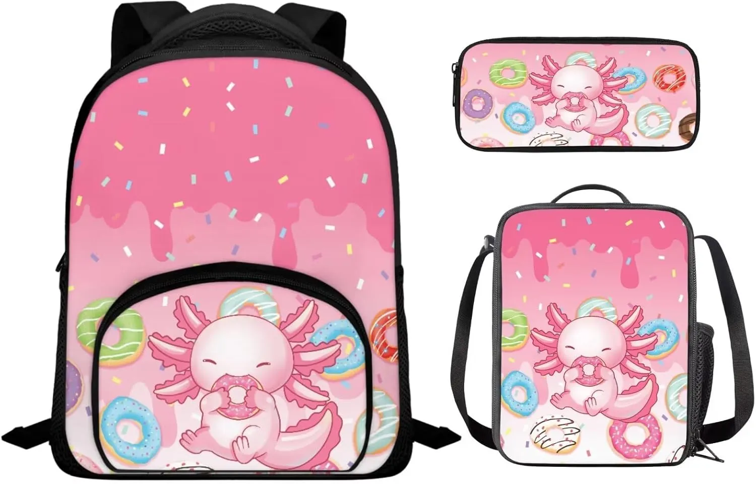 Axolotl School Bags for Boys Lightweight Backpack with Lunch Box and Cool Pencil Case Reusable Sturdy Bookbag with Side Cup Holder 12 Inch 3PCS Set