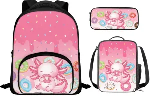 Axolotl School Bags for Boys Lightweight Backpack with Lunch Box and Cool Pencil Case Reusable Sturdy Bookbag with Side Cup Holder 12 Inch 3PCS Set