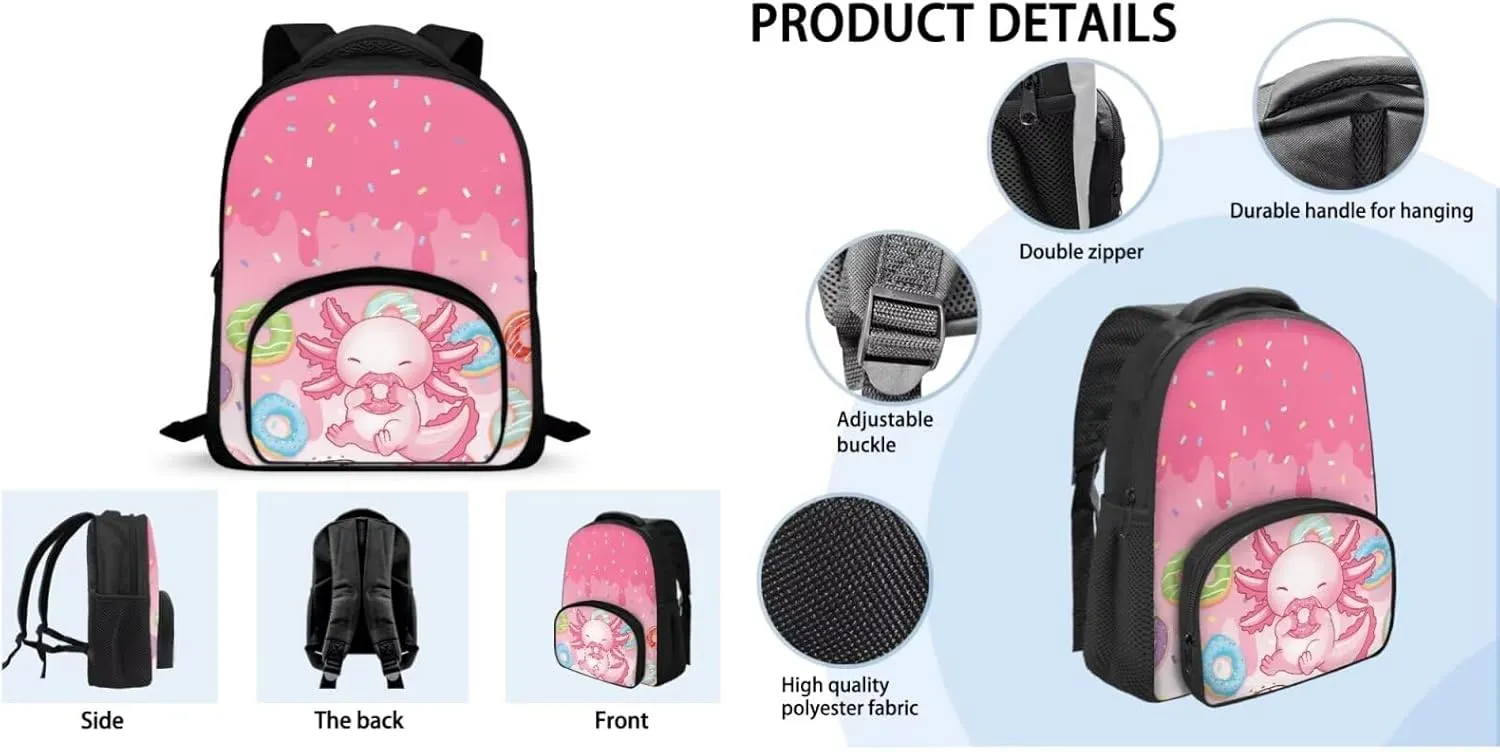 Axolotl School Bags for Boys Lightweight Backpack with Lunch Box and Cool Pencil Case Reusable Sturdy Bookbag with Side Cup Holder 12 Inch 3PCS Set