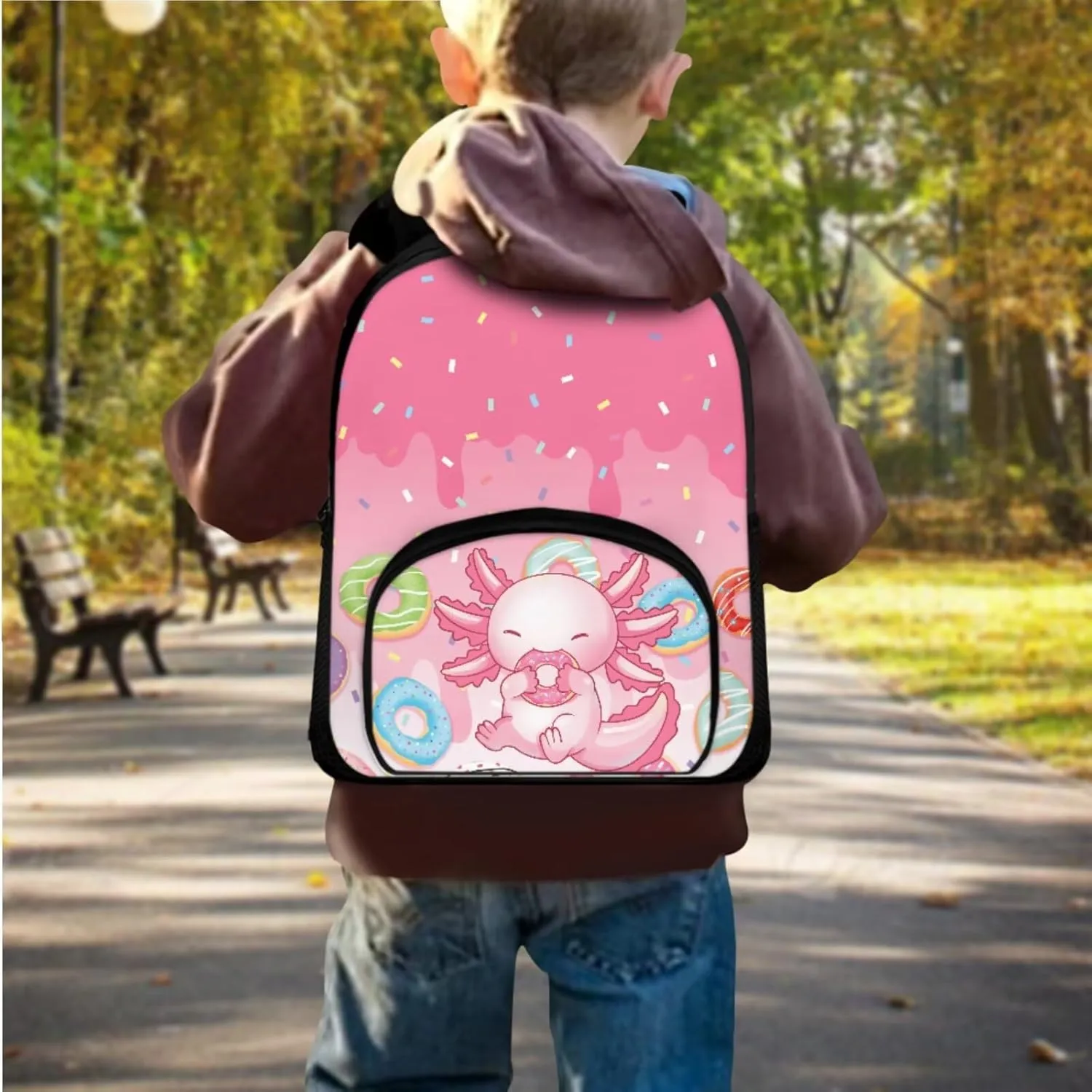 Axolotl School Bags for Boys Lightweight Backpack with Lunch Box and Cool Pencil Case Reusable Sturdy Bookbag with Side Cup Holder 12 Inch 3PCS Set