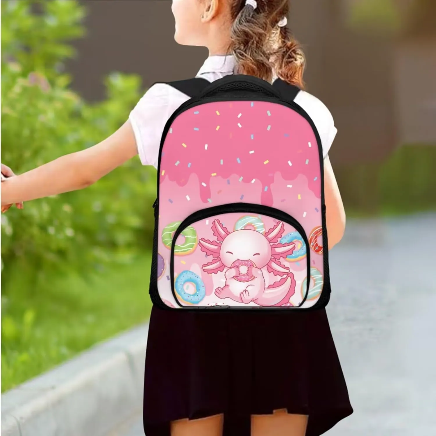 Axolotl School Bags for Boys Lightweight Backpack with Lunch Box and Cool Pencil Case Reusable Sturdy Bookbag with Side Cup Holder 12 Inch 3PCS Set