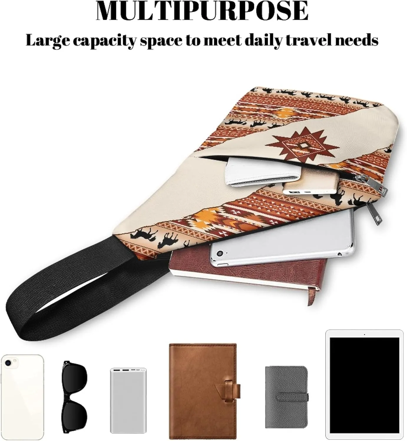 Aztec African Tribal Horse Men's Shoulder Bag Cool Personal Pocket Bag for Travel Slim Carry Crossbody Bag for Men Crossbody Bag with Smooth Zipper Anti Theft Belt Bag