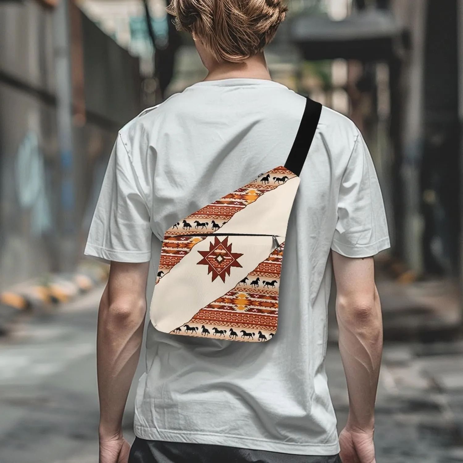 Aztec African Tribal Horse Men's Shoulder Bag Cool Personal Pocket Bag for Travel Slim Carry Crossbody Bag for Men Crossbody Bag with Smooth Zipper Anti Theft Belt Bag