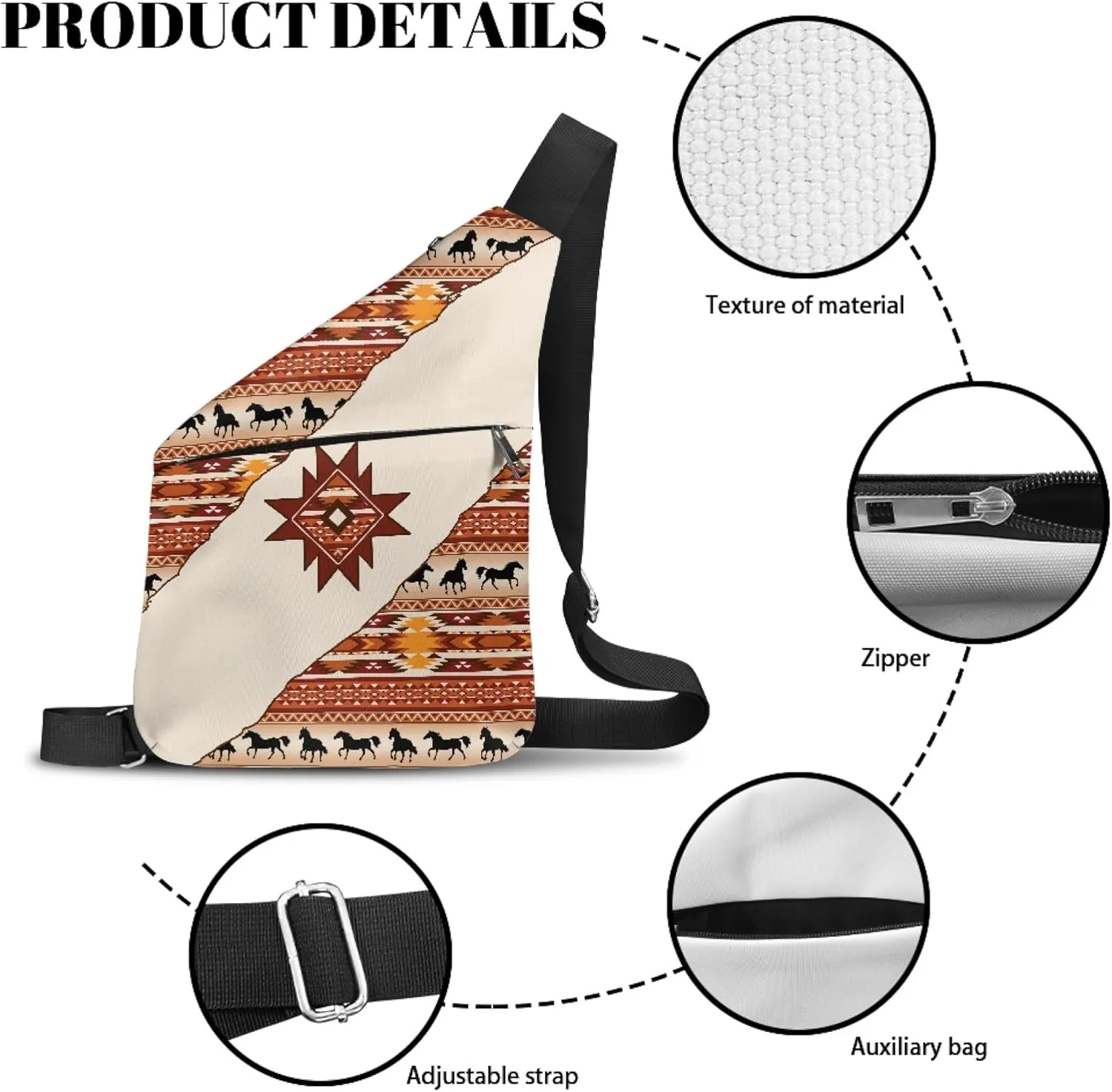 Aztec African Tribal Horse Men's Shoulder Bag Cool Personal Pocket Bag for Travel Slim Carry Crossbody Bag for Men Crossbody Bag with Smooth Zipper Anti Theft Belt Bag