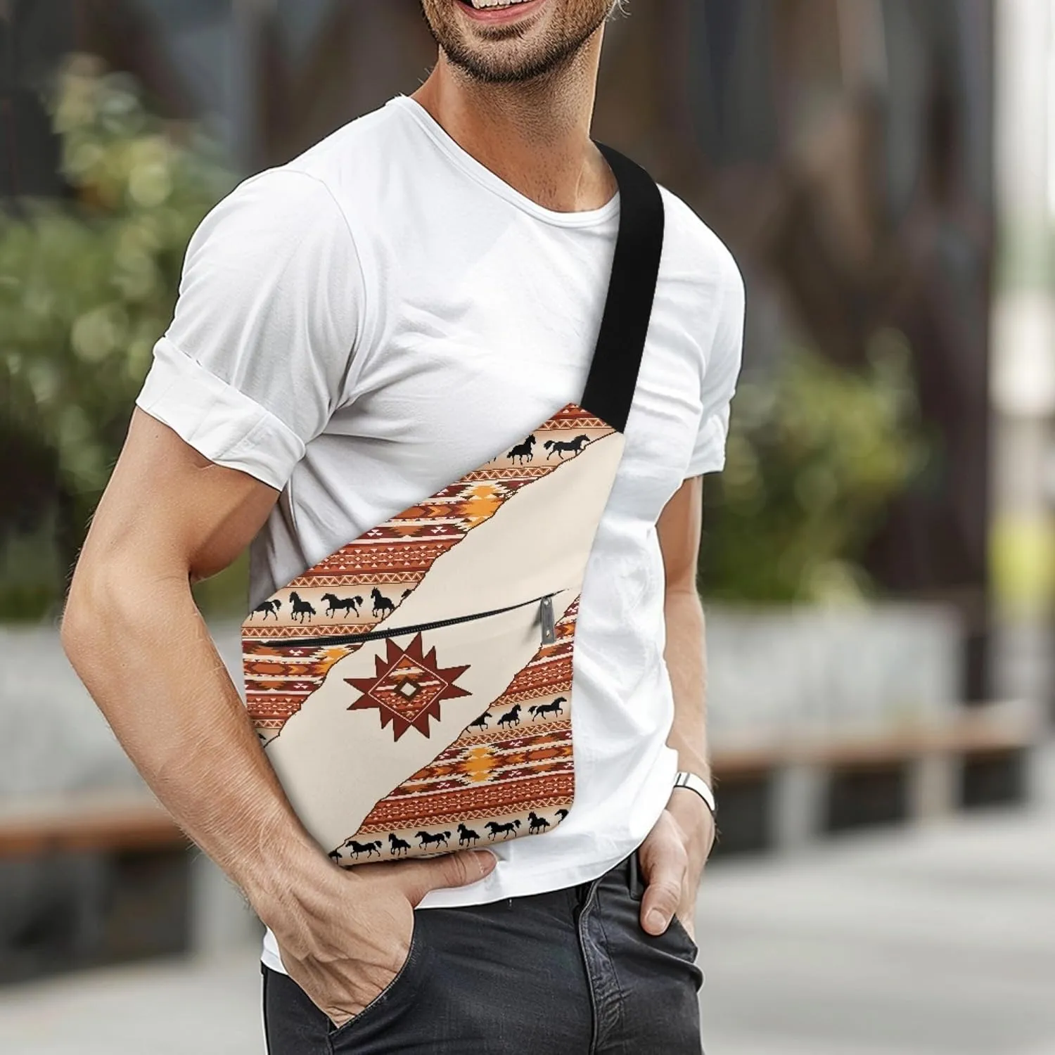 Aztec African Tribal Horse Men's Shoulder Bag Cool Personal Pocket Bag for Travel Slim Carry Crossbody Bag for Men Crossbody Bag with Smooth Zipper Anti Theft Belt Bag