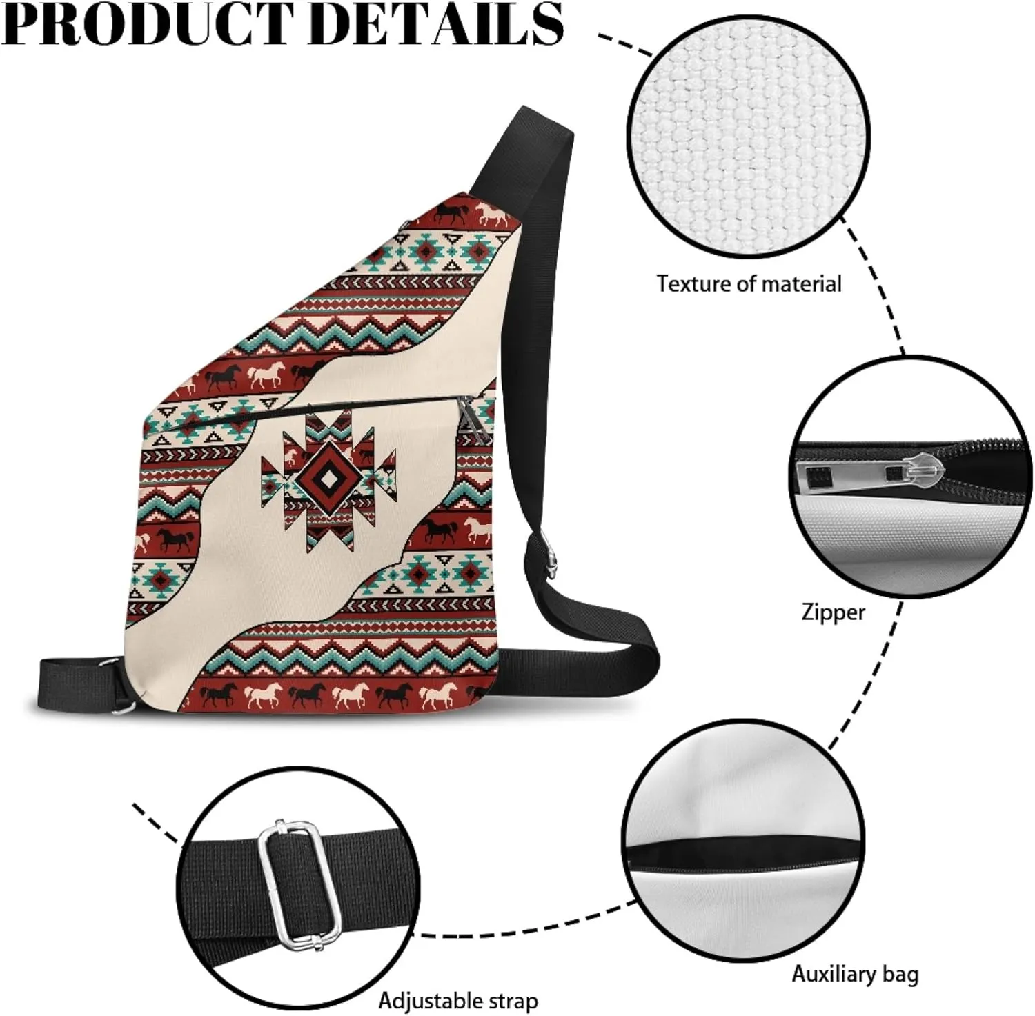 Aztec Western Horse Men's Shoulder Bag for Gentlemen Personal Pocket Bag for Travel Slim Carry Crossbody Bag with Smooth Zipper Cross Body Bag
