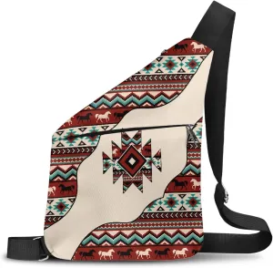 Aztec Western Horse Men's Shoulder Bag for Gentlemen Personal Pocket Bag for Travel Slim Carry Crossbody Bag with Smooth Zipper Cross Body Bag