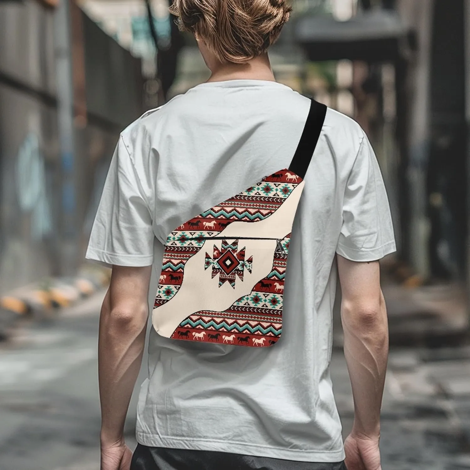 Aztec Western Horse Men's Shoulder Bag for Gentlemen Personal Pocket Bag for Travel Slim Carry Crossbody Bag with Smooth Zipper Cross Body Bag