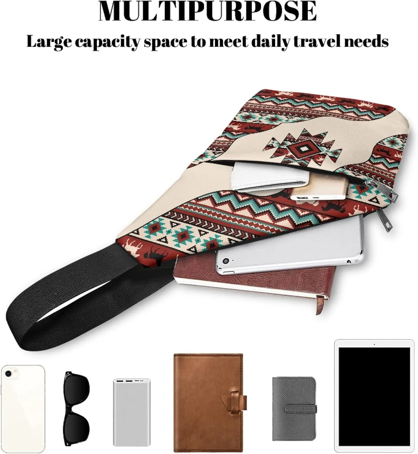 Aztec Western Horse Men's Shoulder Bag for Gentlemen Personal Pocket Bag for Travel Slim Carry Crossbody Bag with Smooth Zipper Cross Body Bag