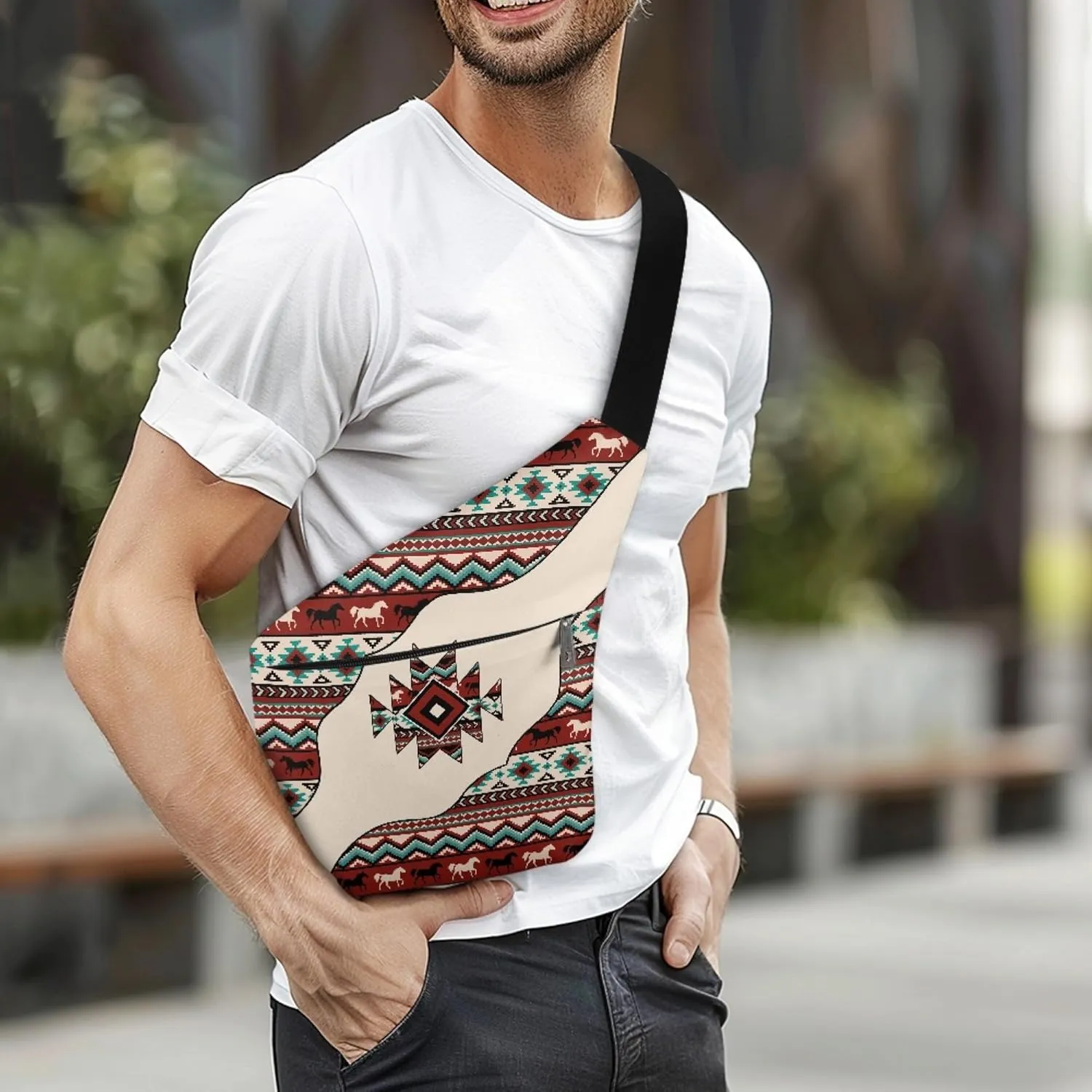 Aztec Western Horse Men's Shoulder Bag for Gentlemen Personal Pocket Bag for Travel Slim Carry Crossbody Bag with Smooth Zipper Cross Body Bag