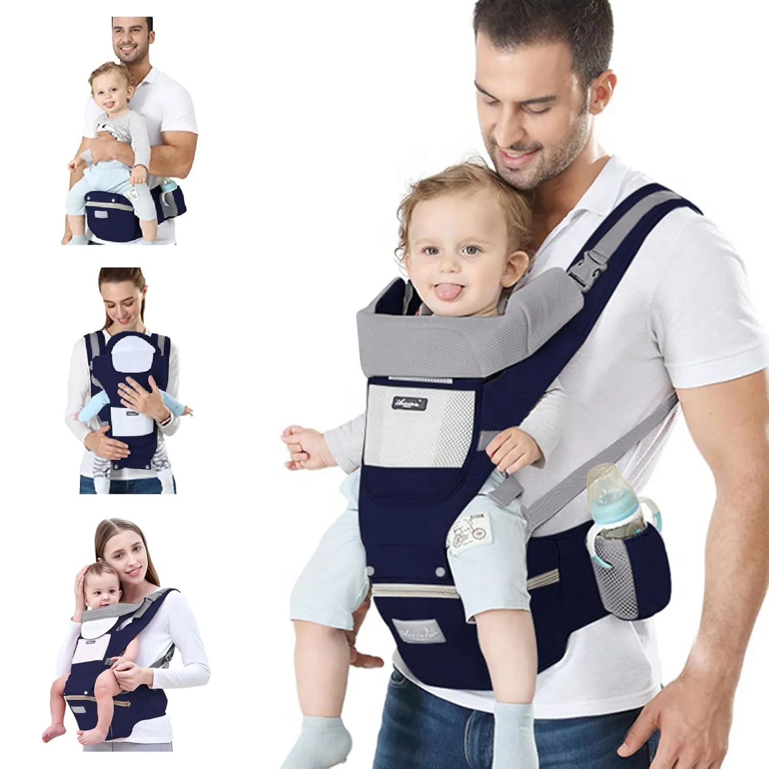 Baby Carrier Newborn to Toddler Baby Wrap Carrier with Hip Seat Baby Kangaroo Carrier Toddler Infant Baby Holder Carrier for Men/Women Dad Mom (Dark Blue)