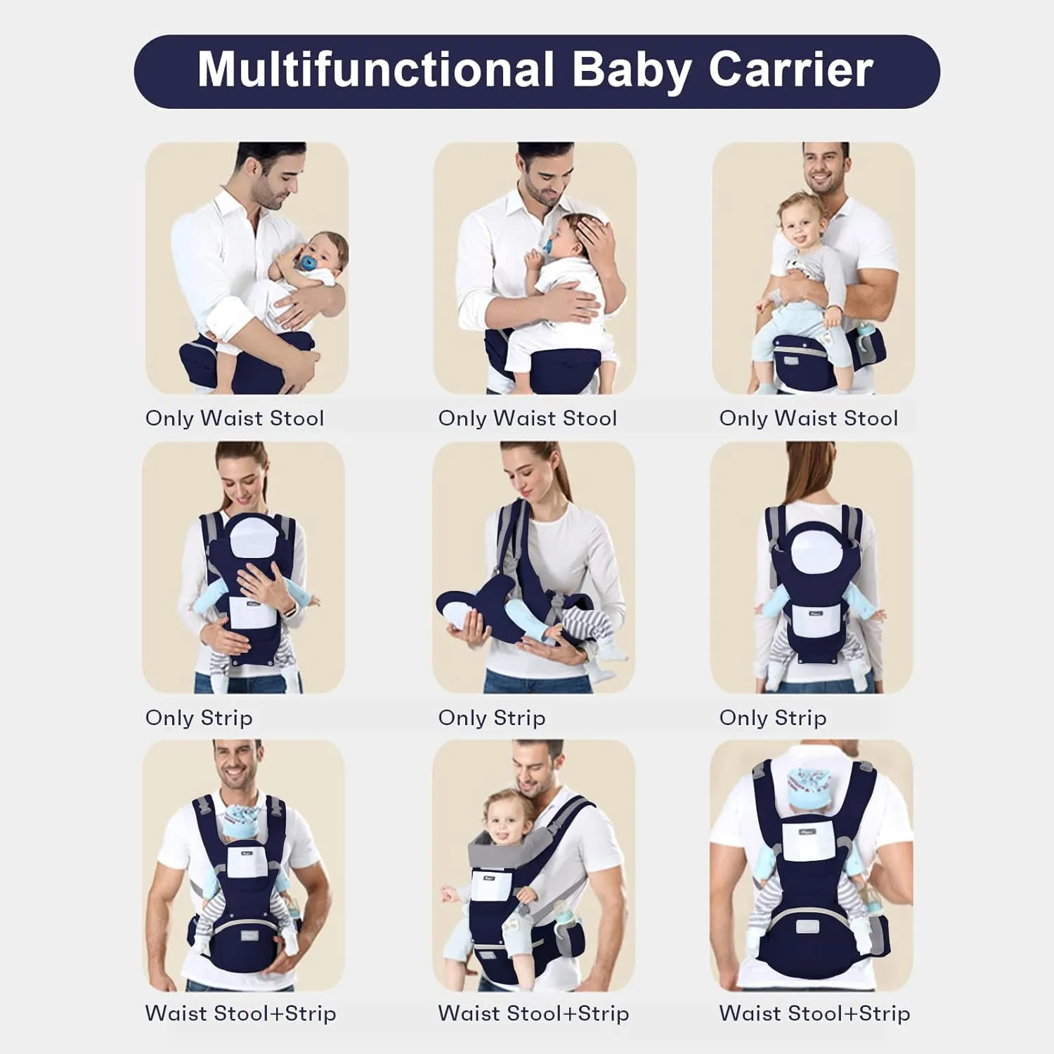 Baby Carrier Newborn to Toddler Baby Wrap Carrier with Hip Seat Baby Kangaroo Carrier Toddler Infant Baby Holder Carrier for Men/Women Dad Mom (Dark Blue)
