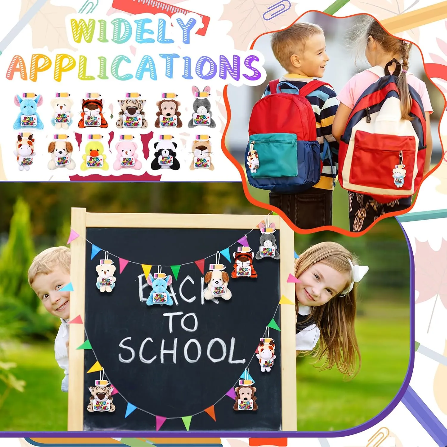 Back to School Mini Plush Animals First Day of School Stuffed Animal Keychains Bulk Small Plush Keychains with Pencil and Sign for Gift Party Favors Supplies Filler