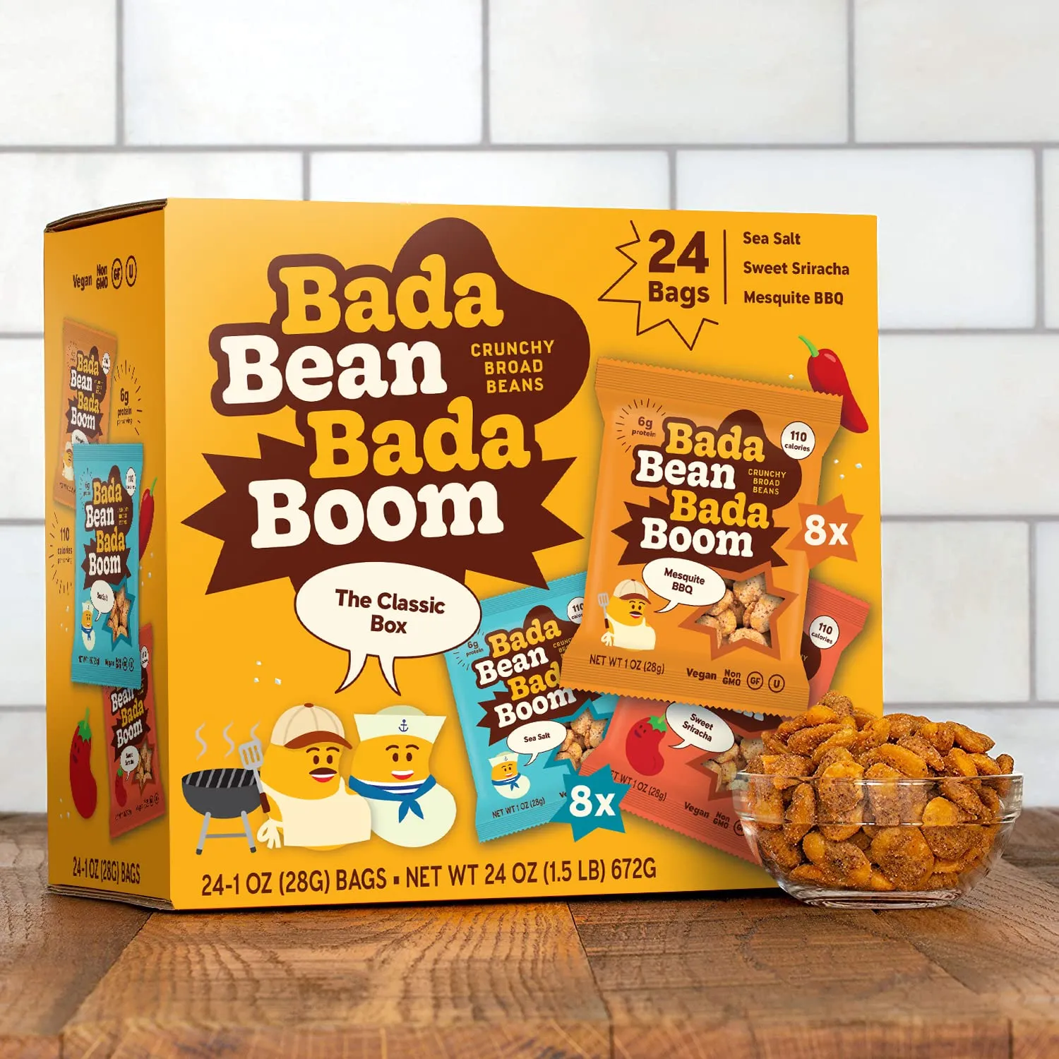 Bada Bean Bada Boom Plant-Based Protein, Gluten Free, Vegan, Crunchy Roasted Broad (Fava) Bean Snacks, 110 Calorie Packs, The Classic Box Variety Pack, 1 Ounce (Pack of 24)