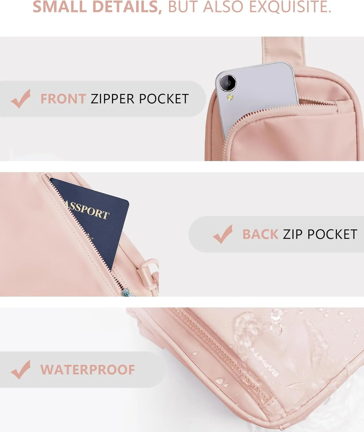 BAPHITY Small Sling Bag for Women and Men, Crossbody Bag Trendy, Fanny Packs Purses Chest Bag Small Backpack for Travel - New pink