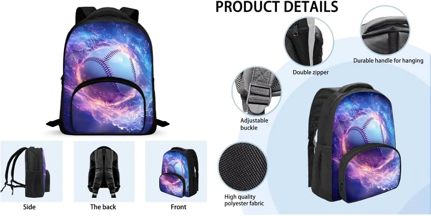 Baseball Backpack for Boys Preschool Lightweight Bookbag with Lunch Box and Pencil Case 3PCS School Back Pack Set for Little Boys Picnic Travel or Hiking