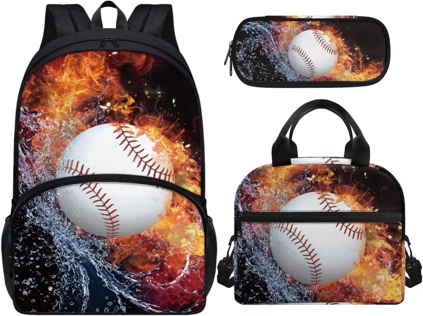 Baseball School Backpack for Boys 3 Piece School Bag Set with Lunch Bag & Pencil Case 12-14 Teenagers Large Schoolbag 17 inch Travel Shoulder Bags