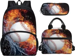 Baseball School Backpack for Boys 3 Piece School Bag Set with Lunch Bag & Pencil Case 12-14 Teenagers Large Schoolbag 17 inch Travel Shoulder Bags