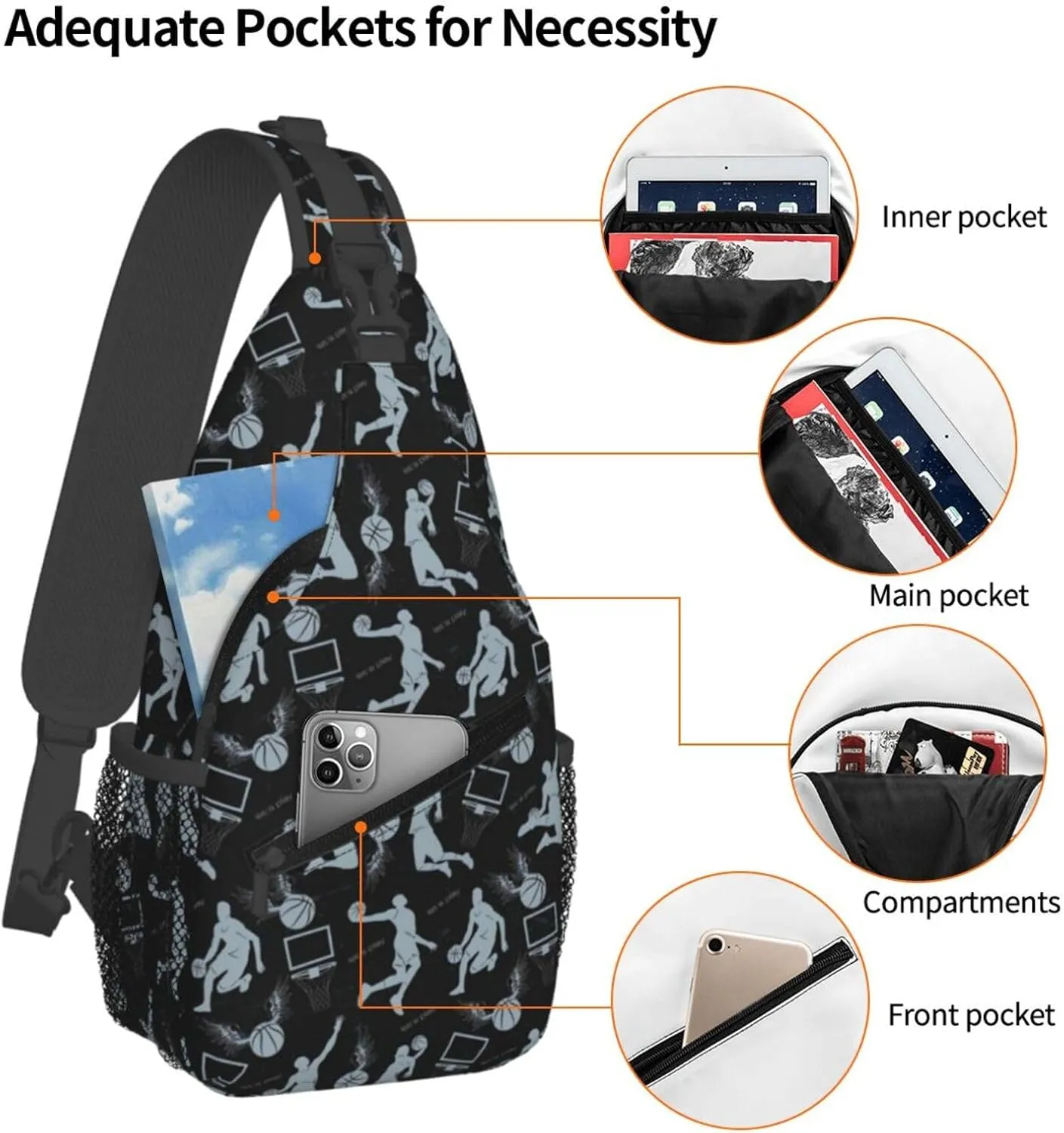 Basketball Net Dribble Jump Shot Chest Bags Crossbody Sling Bag Shoulder Bag Travel Hiking Daypack For Men Women