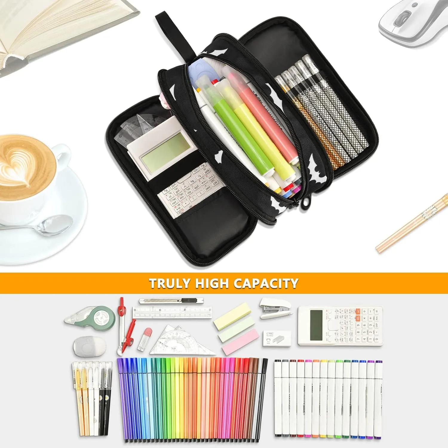 Bats Halloween Pencil case large capacity pencil pouch with 3 compartments pen bag for School Teen Girl Boy Men Women