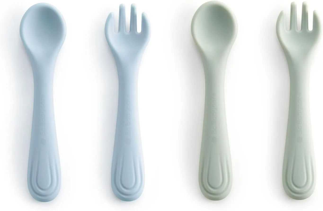 Bc Babycare Toddler Forks and Spoons Set, Silicone Toddler Utensil Set for Baby, Self Feeding Baby Feeding Spoon and Fork for Boys and Girls 2 Pack Blue & Green