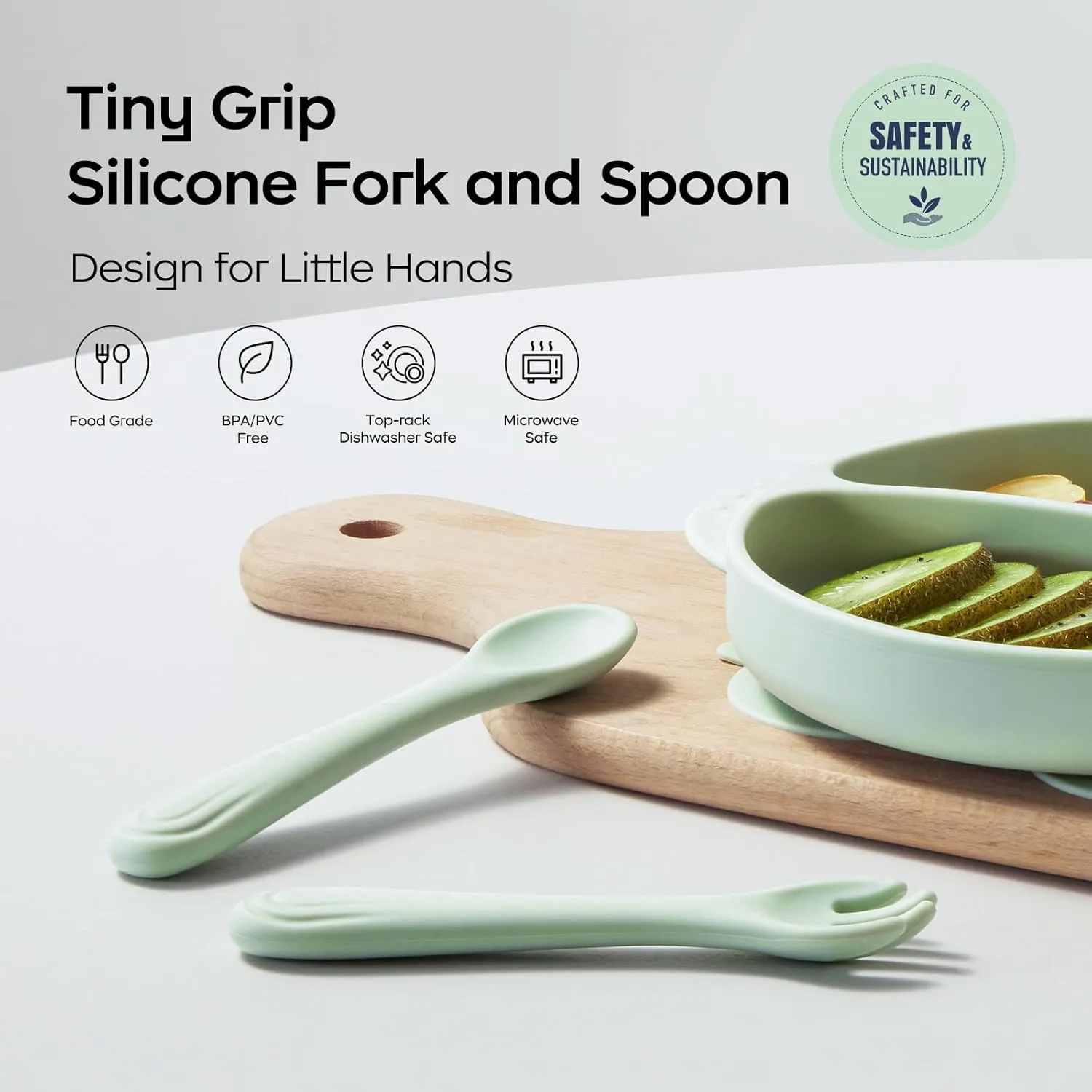 Bc Babycare Toddler Forks and Spoons Set, Silicone Toddler Utensil Set for Baby, Self Feeding Baby Feeding Spoon and Fork for Boys and Girls 2 Pack Blue & Green