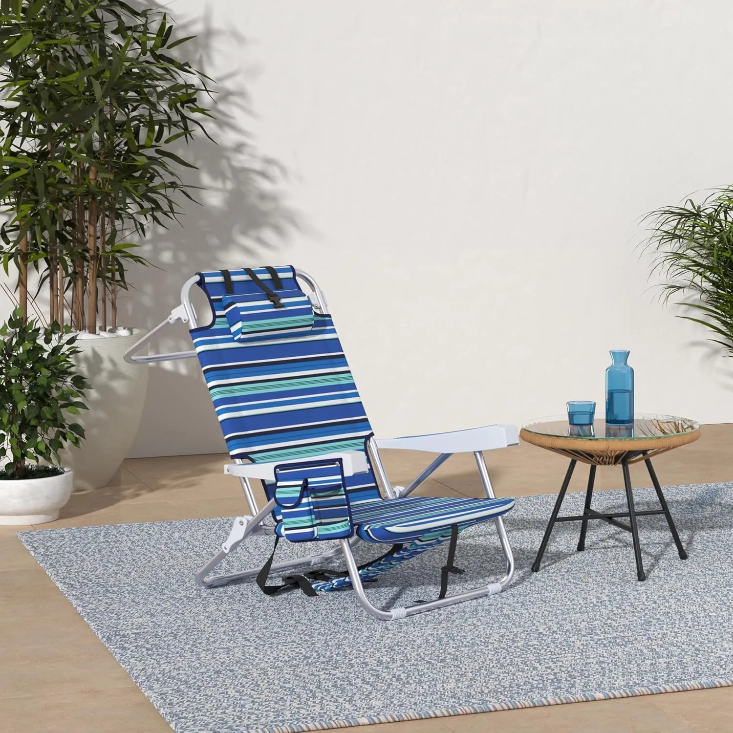 Beach Chairs for Adults Heavy Duty, Compact Portable Lay Flat Folding Chair with Backpack Straps and Large Cooler Pouch, Support to 350LBS (Stripes_Blue&Cyan)