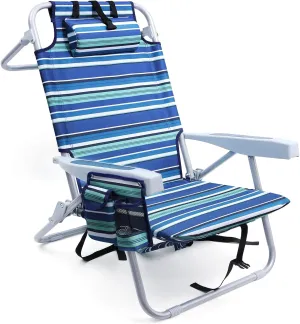 Beach Chairs for Adults Heavy Duty, Compact Portable Lay Flat Folding Chair with Backpack Straps and Large Cooler Pouch, Support to 350LBS (Stripes_Blue&Cyan)