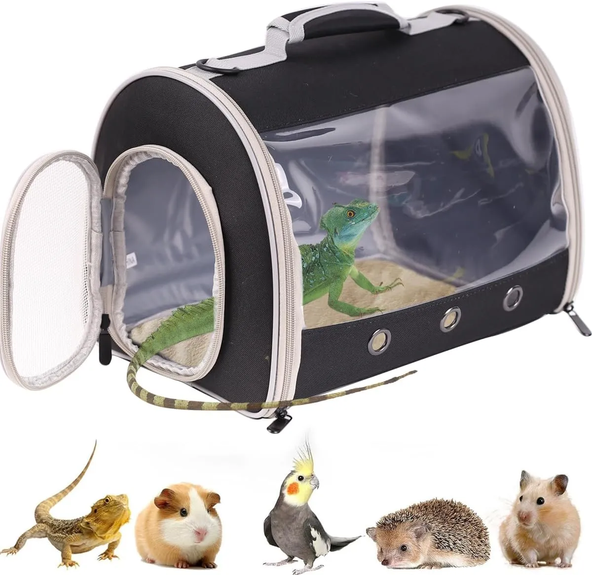 Bearded Dragon Travel Carrier Backpack,Lizard Backpack Carrier,Space Capsule Clear Bubble Window Astronaut Reptile Carrier Backpack for Guinea Pig,Sugar Glider,Bunny (Black, TPU Carrier MAT)