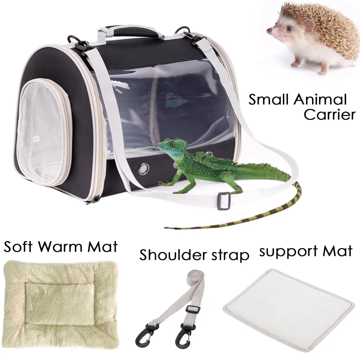 Bearded Dragon Travel Carrier Backpack,Lizard Backpack Carrier,Space Capsule Clear Bubble Window Astronaut Reptile Carrier Backpack for Guinea Pig,Sugar Glider,Bunny (Black, TPU Carrier MAT)