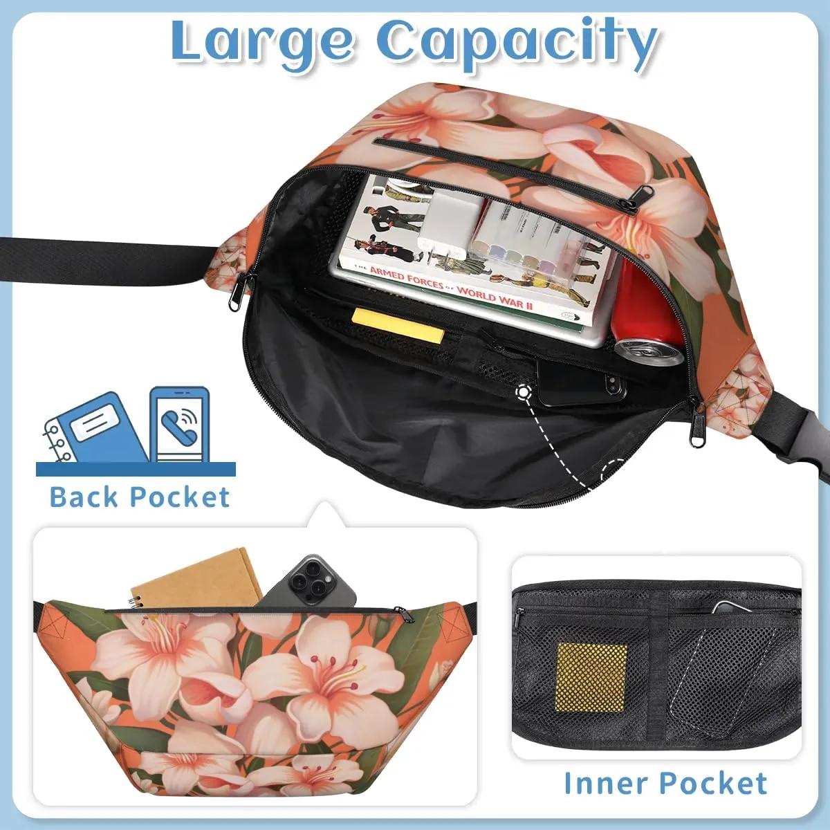 Beautiful Flower Sling Bag Crossbody Backpack Chest Daypack for Women Sport Travel Hiking Casual Bag Multipurpose Waist Pack With Zipper Closure Adjustable Strap Shoulder Bag