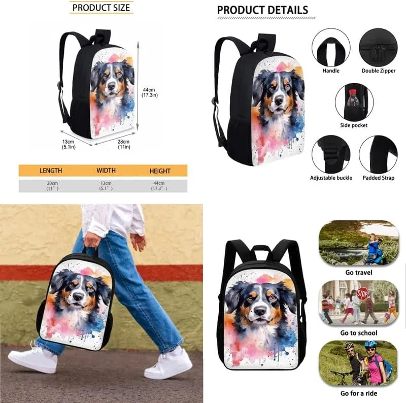 Bernese Mountain Dog Backpack Elementary Primary Students Bookbag with Cute Dog Watercolor Painting Lunch Box Pencil Case for Kids Youth High School Bagpack Shoulder Bags