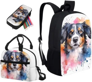 Bernese Mountain Dog Backpack Elementary Primary Students Bookbag with Cute Dog Watercolor Painting Lunch Box Pencil Case for Kids Youth High School Bagpack Shoulder Bags