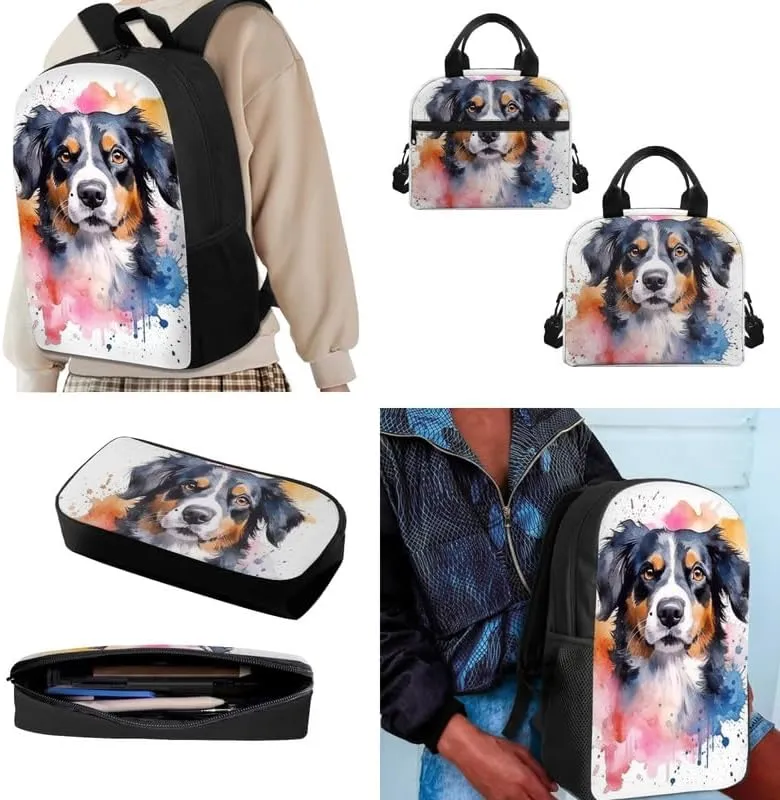 Bernese Mountain Dog Backpack Elementary Primary Students Bookbag with Cute Dog Watercolor Painting Lunch Box Pencil Case for Kids Youth High School Bagpack Shoulder Bags