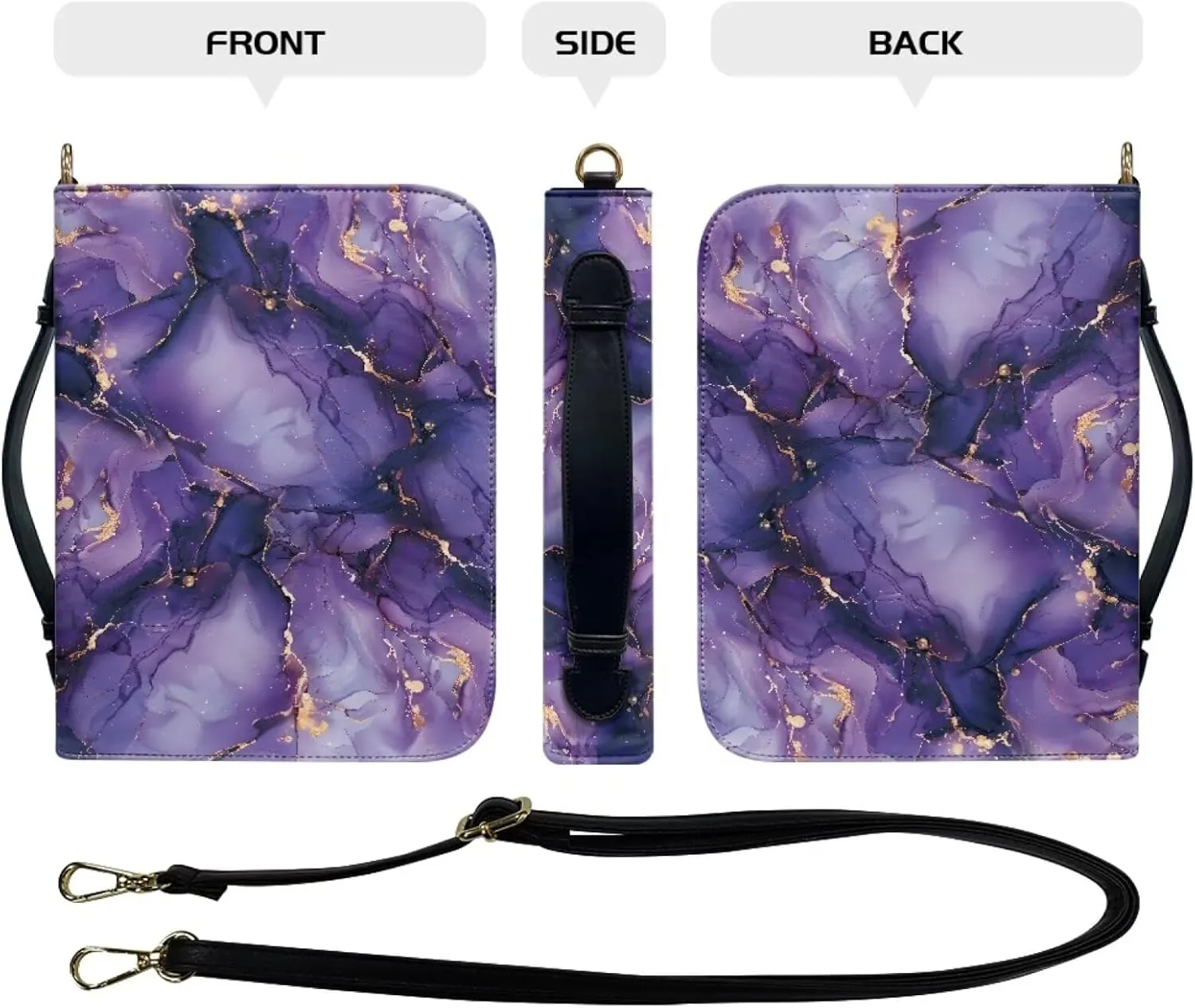 Bible Cover for Women Bible Carrying Bag, PU Leather Bible Tote Bags Scripture Bag Church Bag Bible Protective with Detachable Shoulder Strap,Purple Marble,L